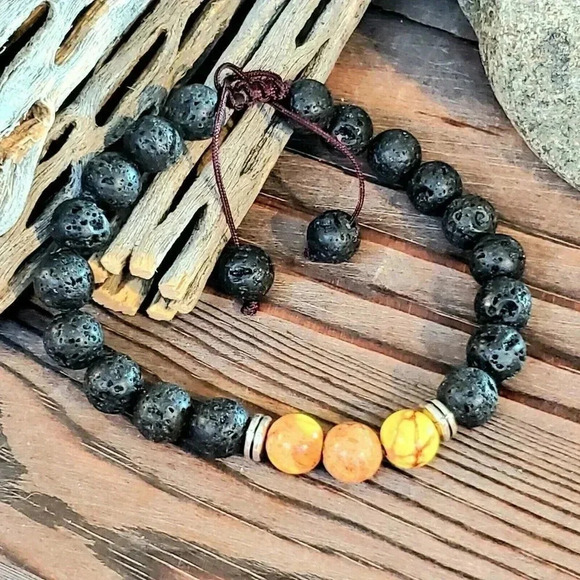 Hand Crafted Chakra Bracelet Yellow Aqua Terra Jasper Black Lava - Picture 2 of 8